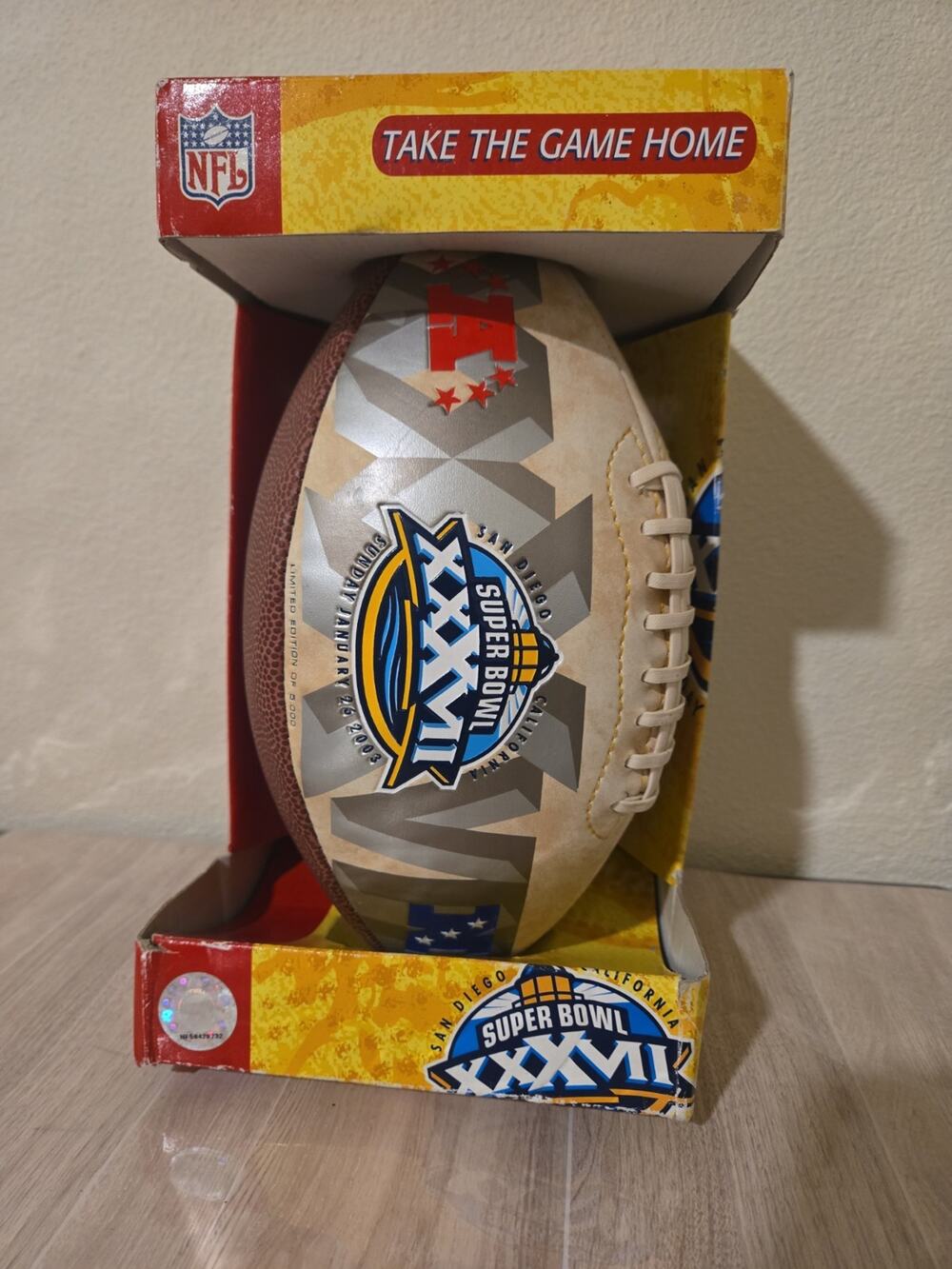NFL Super Bowl XXXVII Commemorative Football Ball w/ Display Box Brown Beige